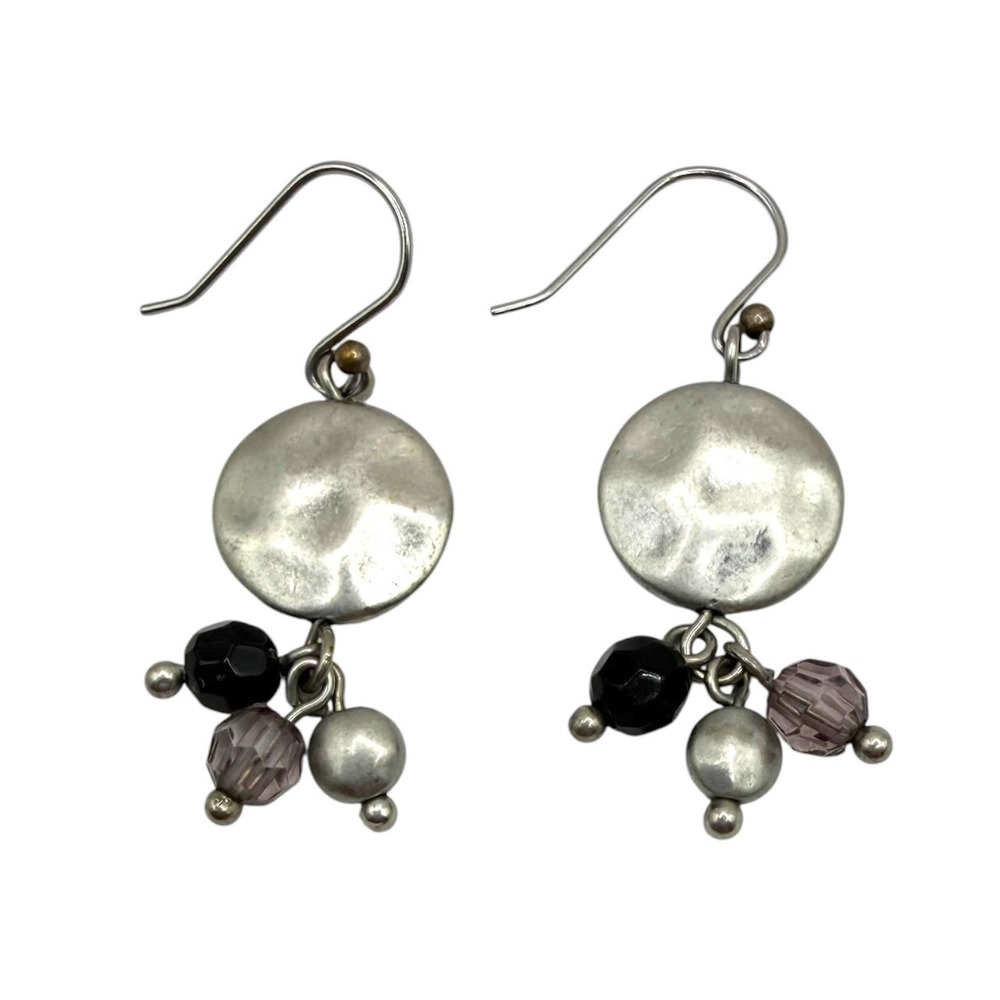 Silver toned Dangle Earrings with Black and Pink Beads - Boho, Coastal 1"